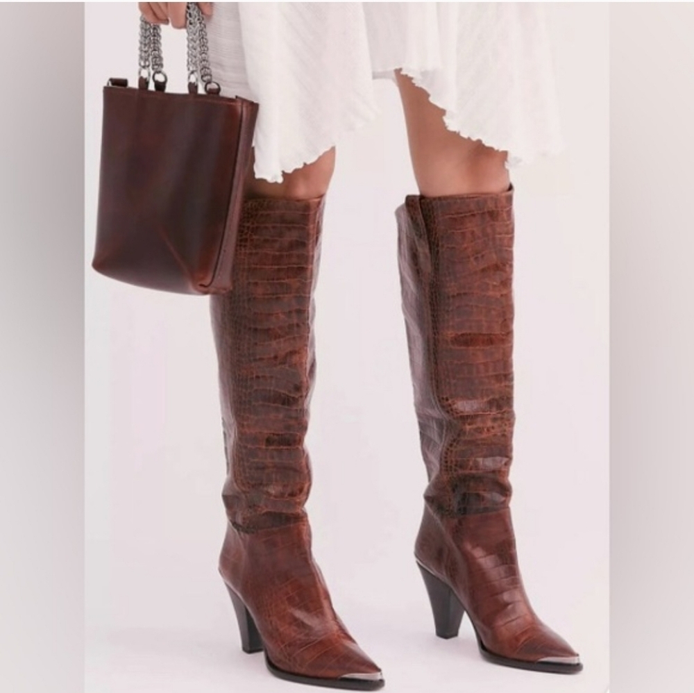 Free People Tall Brown Crocodile Embossed Boots
